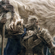 A large white lion stands behind a man in armor carrying a very big axe.